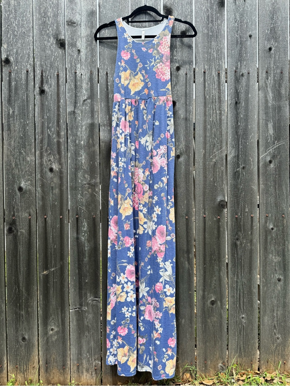 Blue Floral Maxi Dress with Pink & Yellow Blooms